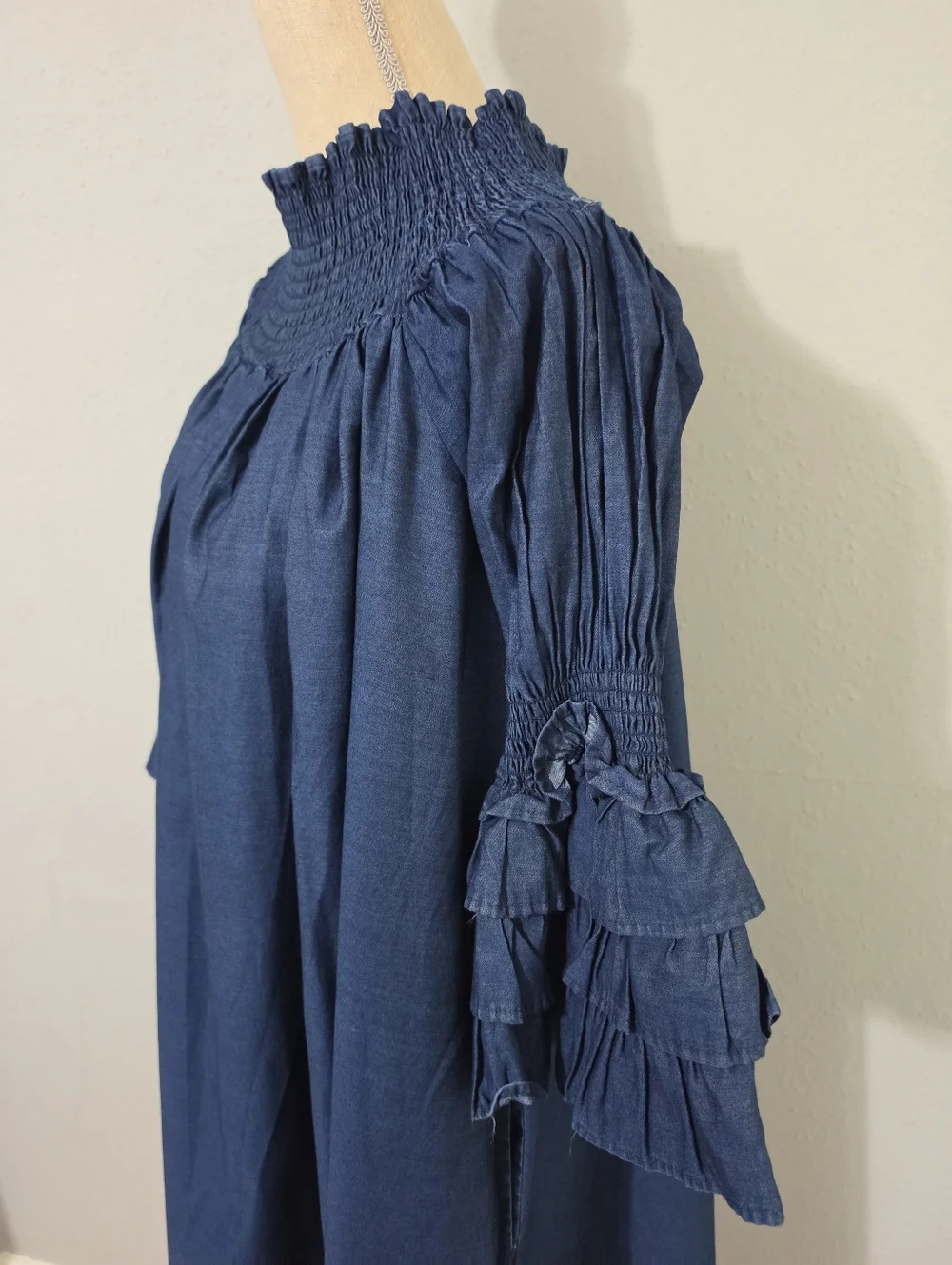 Elegant Navy Denim Off-Shoulder Dress with Ruffle Sleeves One Size